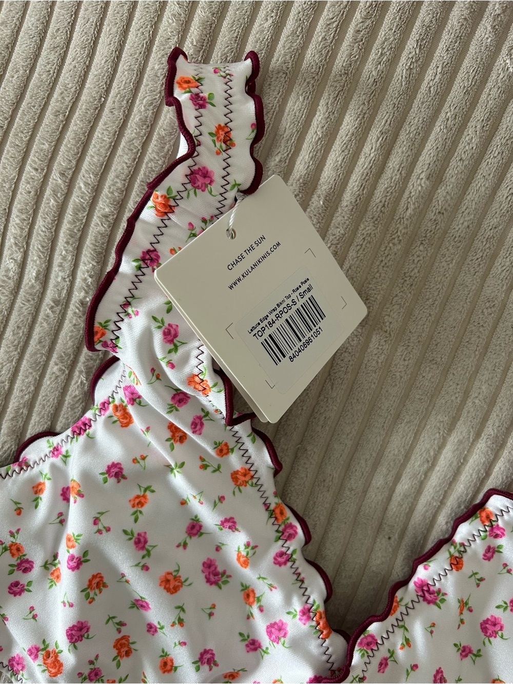 Kulani Kinis White Floral Ruffle Bikini Top with Pink & Orange Flowers - Picture 2 of 4